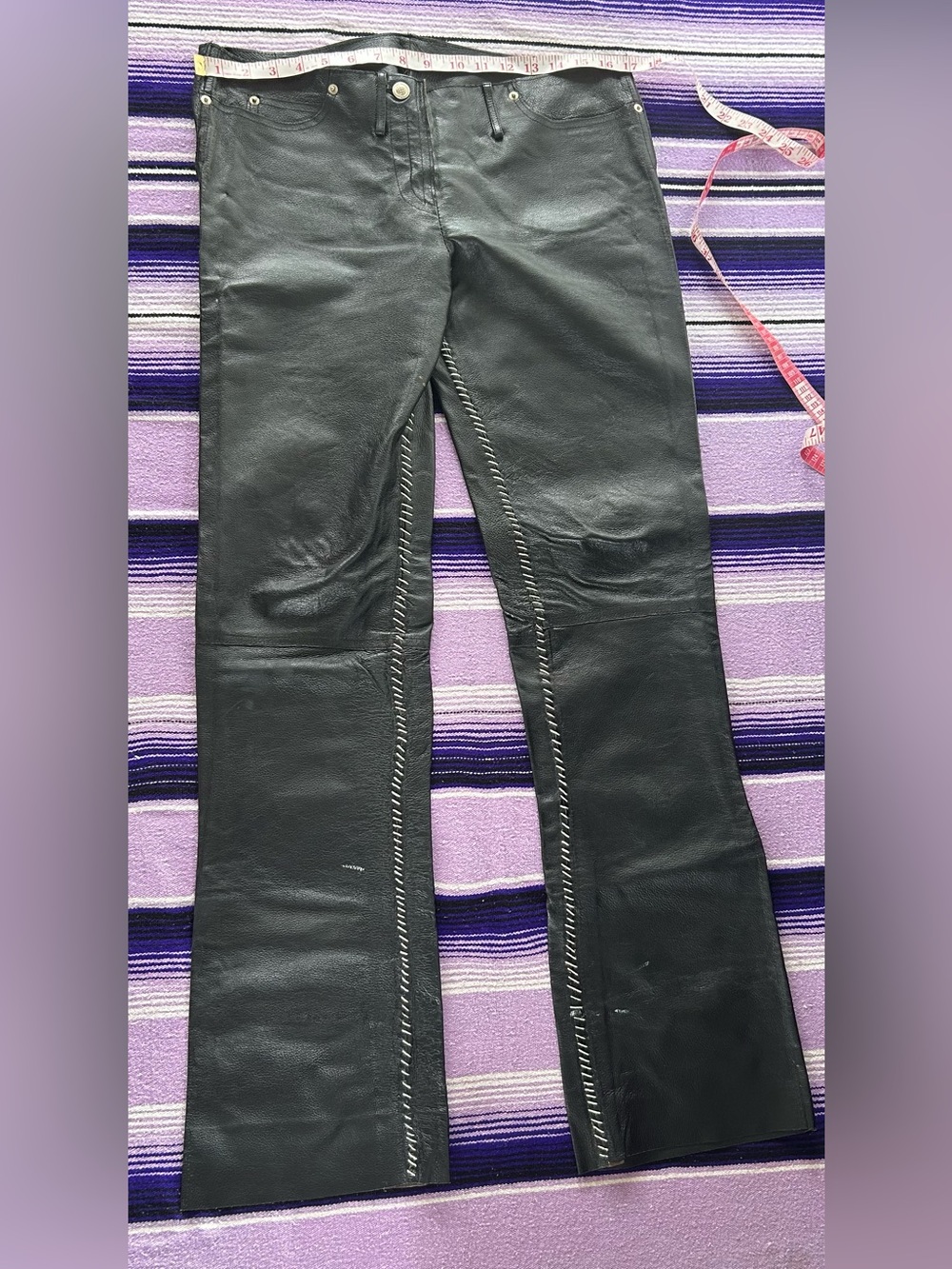Wide-Leg Black Leather-Effect Pants with Contrast Stitching